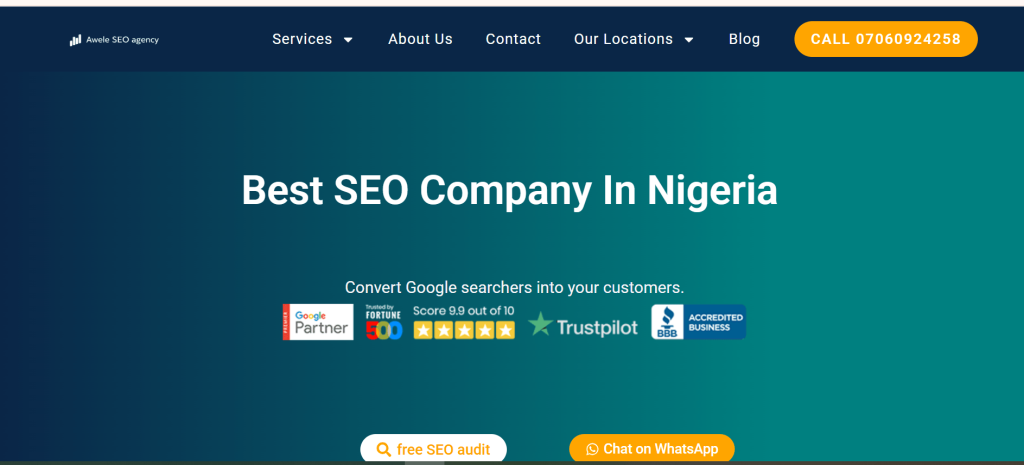Awele SEO agency home padisplaying trust badges and free SEO audit offer