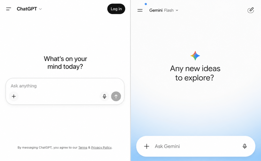Side-by-side screenshot of ChatGPT and Google Gemini homepages showing their AI chatbot interfaces.