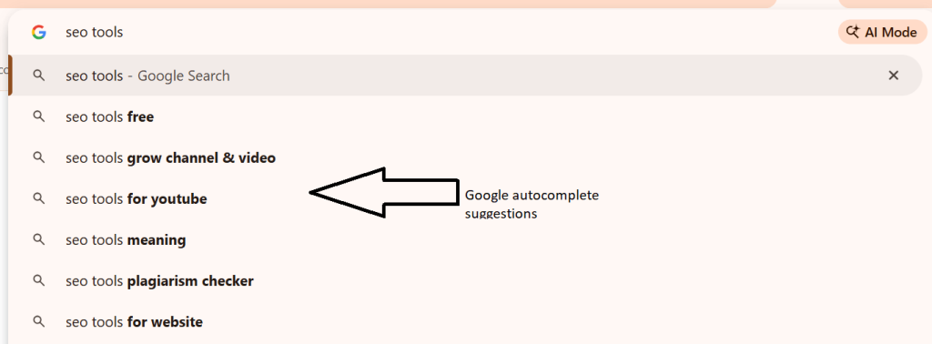 Google autocomplete suggestions showing keyword variations for "seo tools," including seo tools free, seo tools for YouTube, and seo tools for website