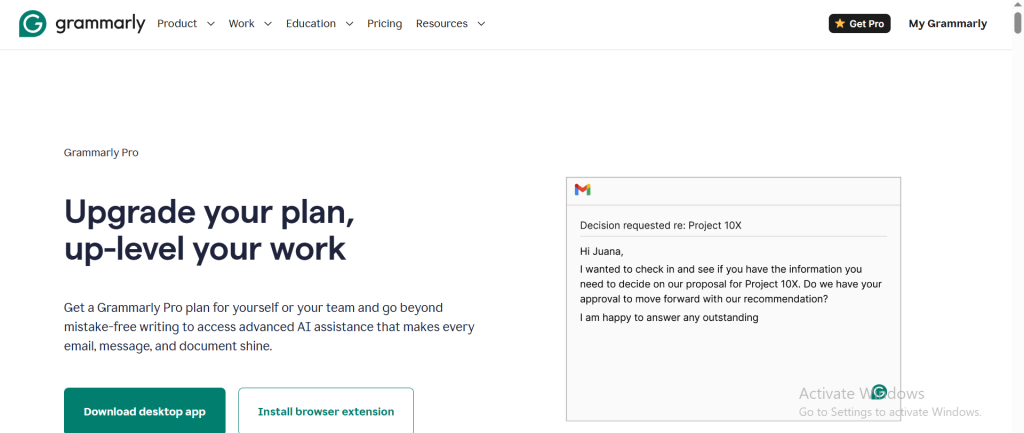 Grammarly Pro homepage showing AI writing assistance features for emails and documents