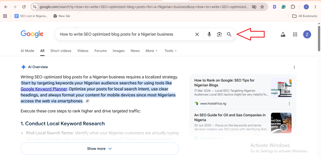 Google search results page for the query how to write SEO optimized blog posts for a Nigerian business