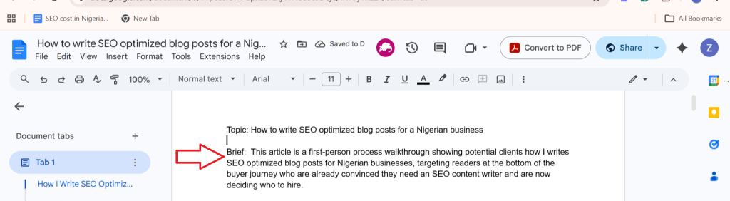 Google Docs document showing a content brief for an SEO optimized blog post for a Nigerian business
