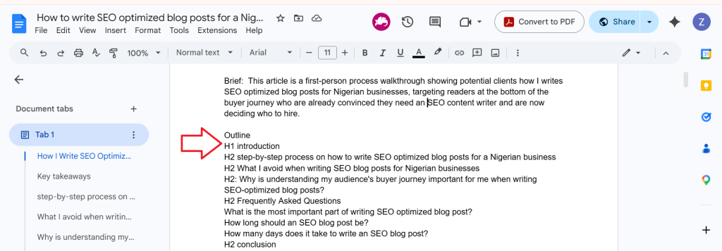 Google Docs document showing an article outline with H1 and H2 headings for an SEO optimized blog post