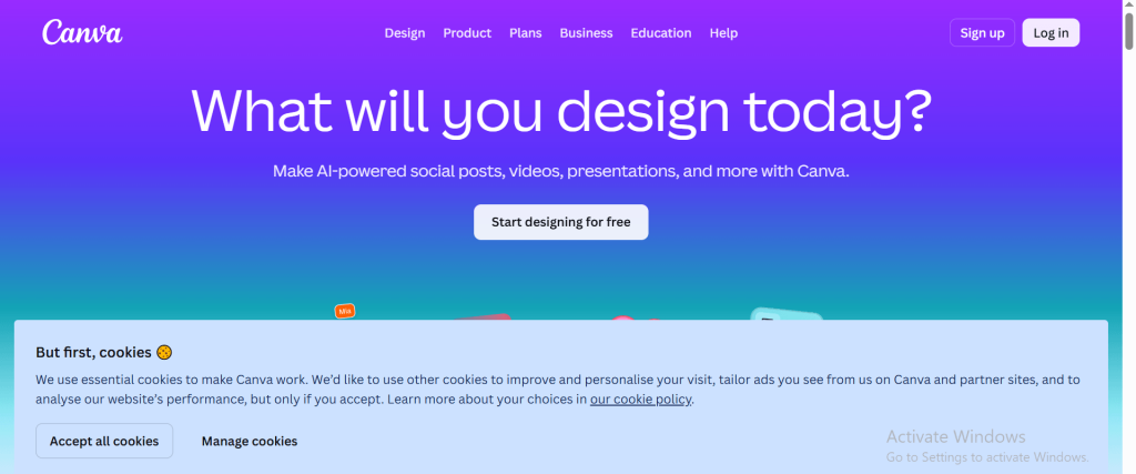 Canva homepage featuring AI design tools and an online graphic design platform.