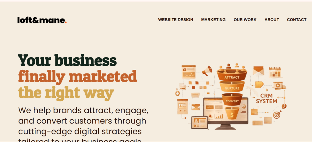 loft&mane digital marketing homepage with attract nurture convert funnel infographics