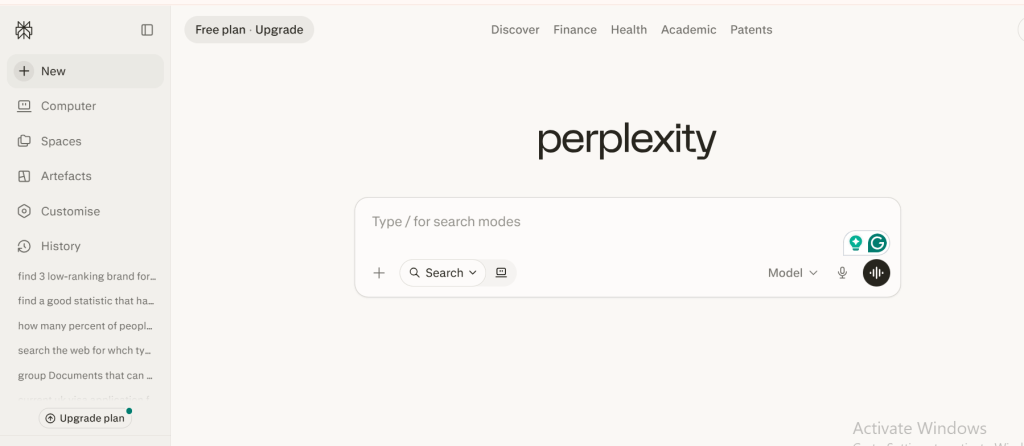 Perplexity AI homepage with search bar and AI-powered search interface.