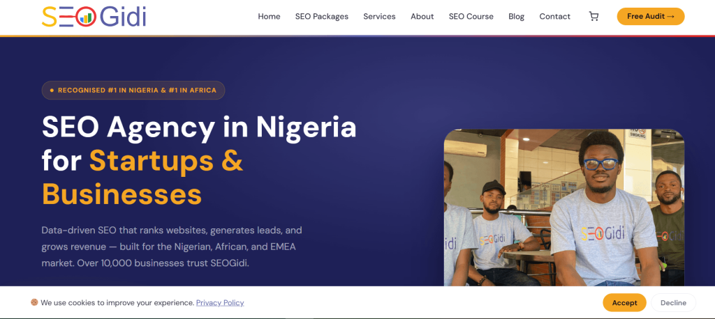 SEOGidi homepage promoting SEO agency for Nigerian startup and businesses