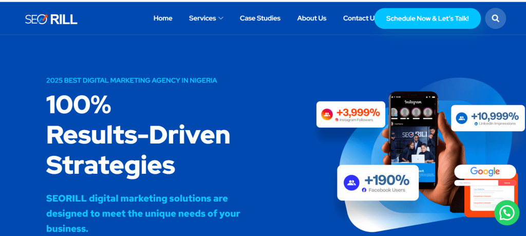 seorill hompage showing socialmedia growth stats for Nigerian businesses