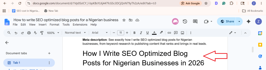 Google Docs document showing an article title(H1) for an SEO optimized blog post