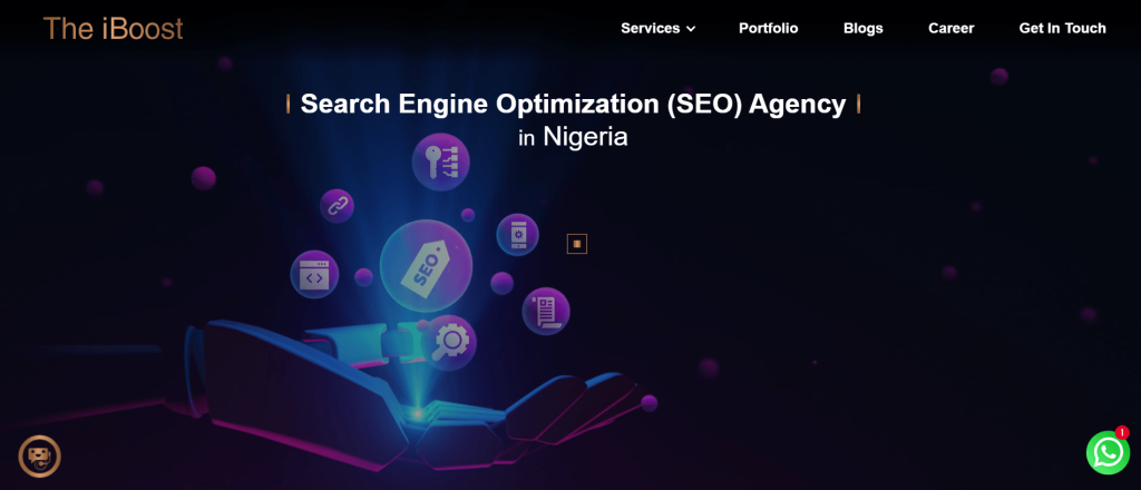 The iBoost SEO agency hompage with 3D SEO icons illustration
