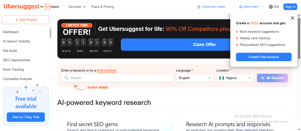Ubersuggest keyword research dashboard showing a search bar with language set to English and location set to Nigeria