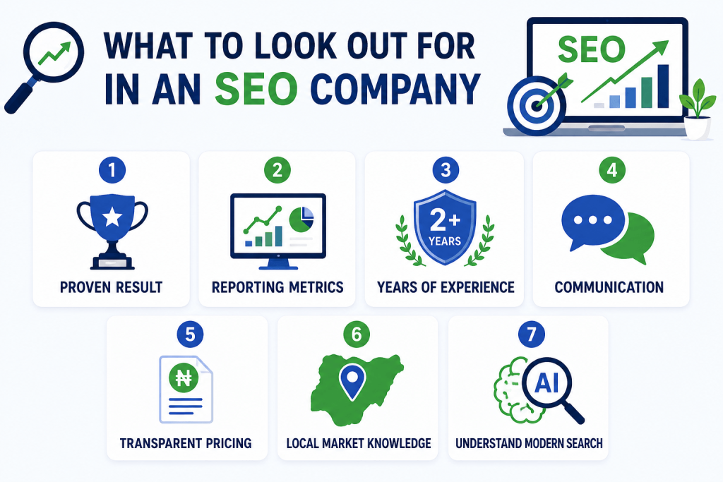 an infographics showing what to look out for when picking an SEO company