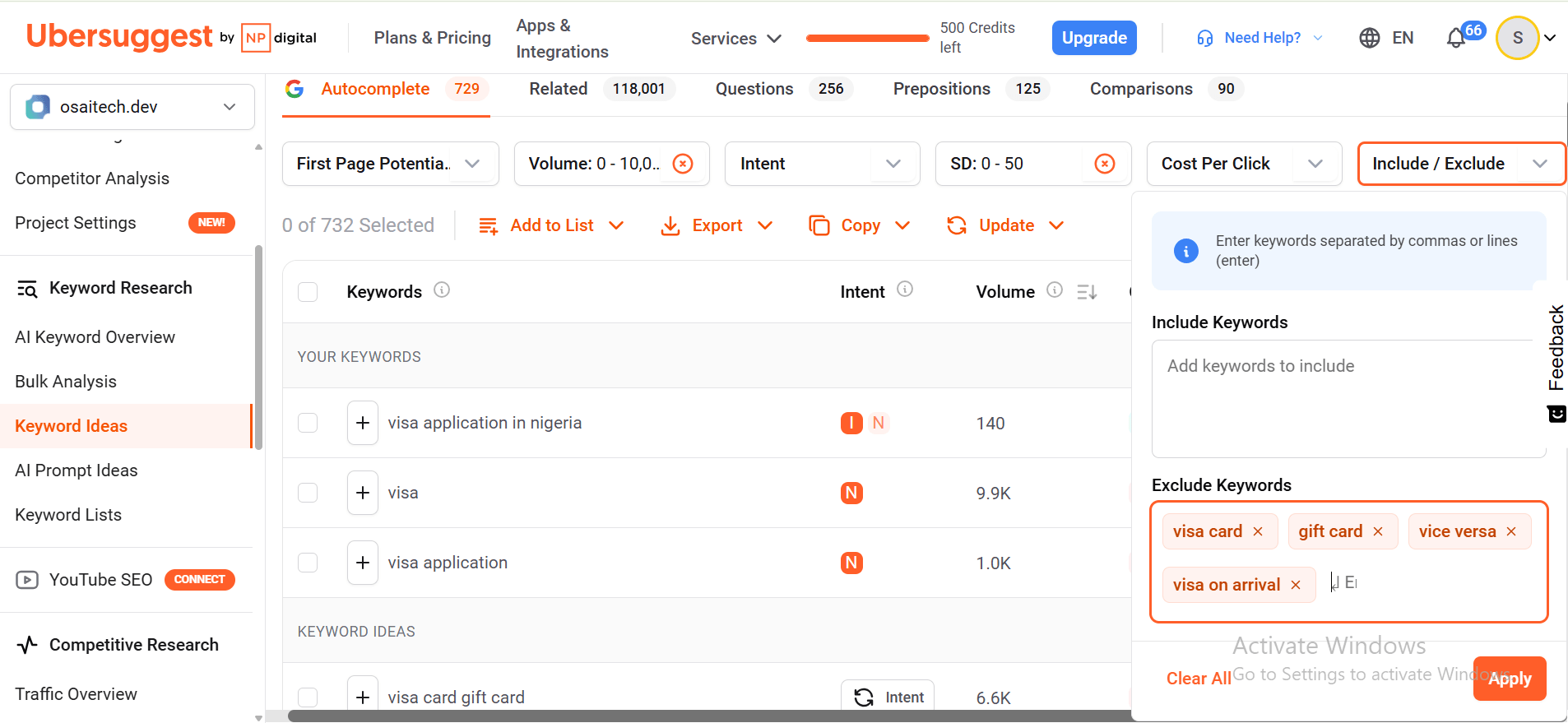 Keyword filtering in Ubersuggest