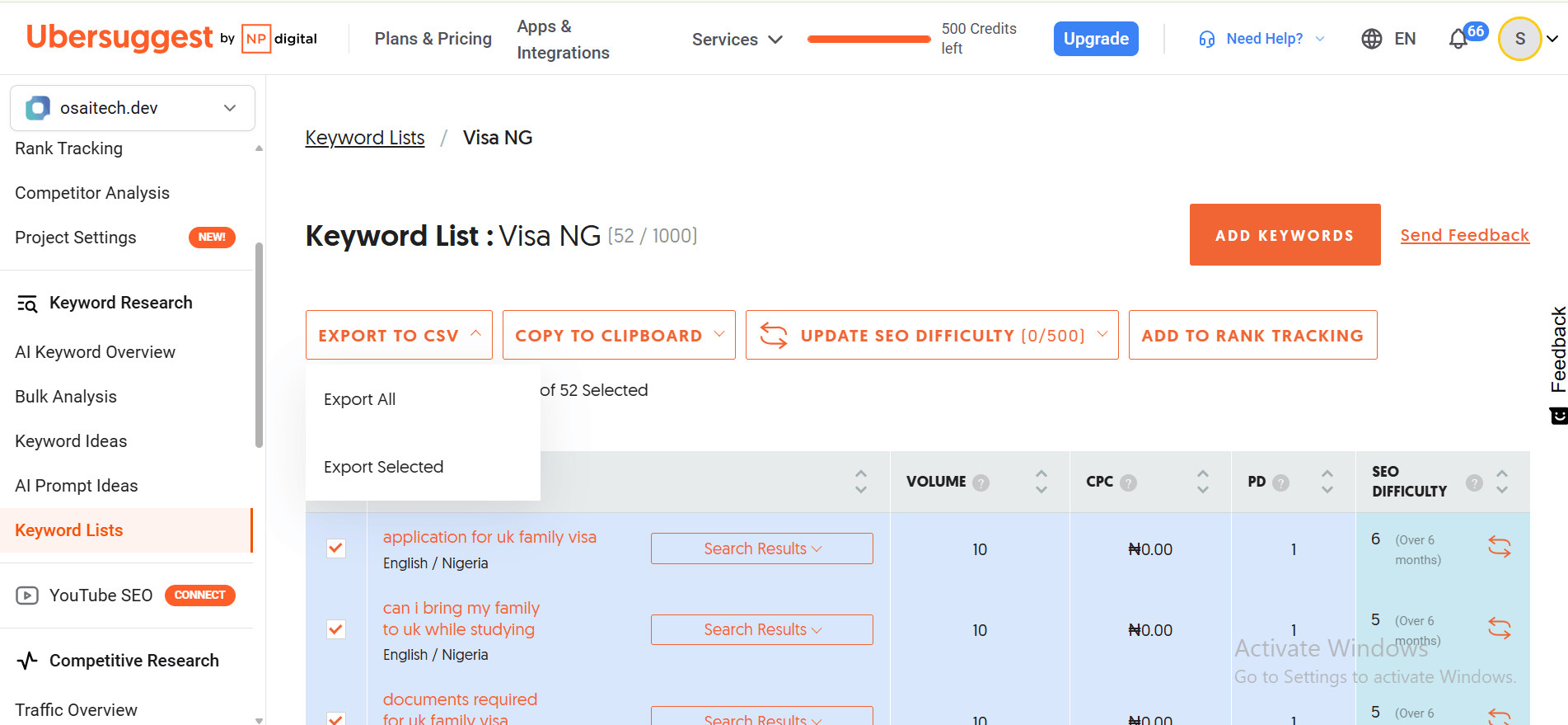 Keyword list export from Ubersuggest