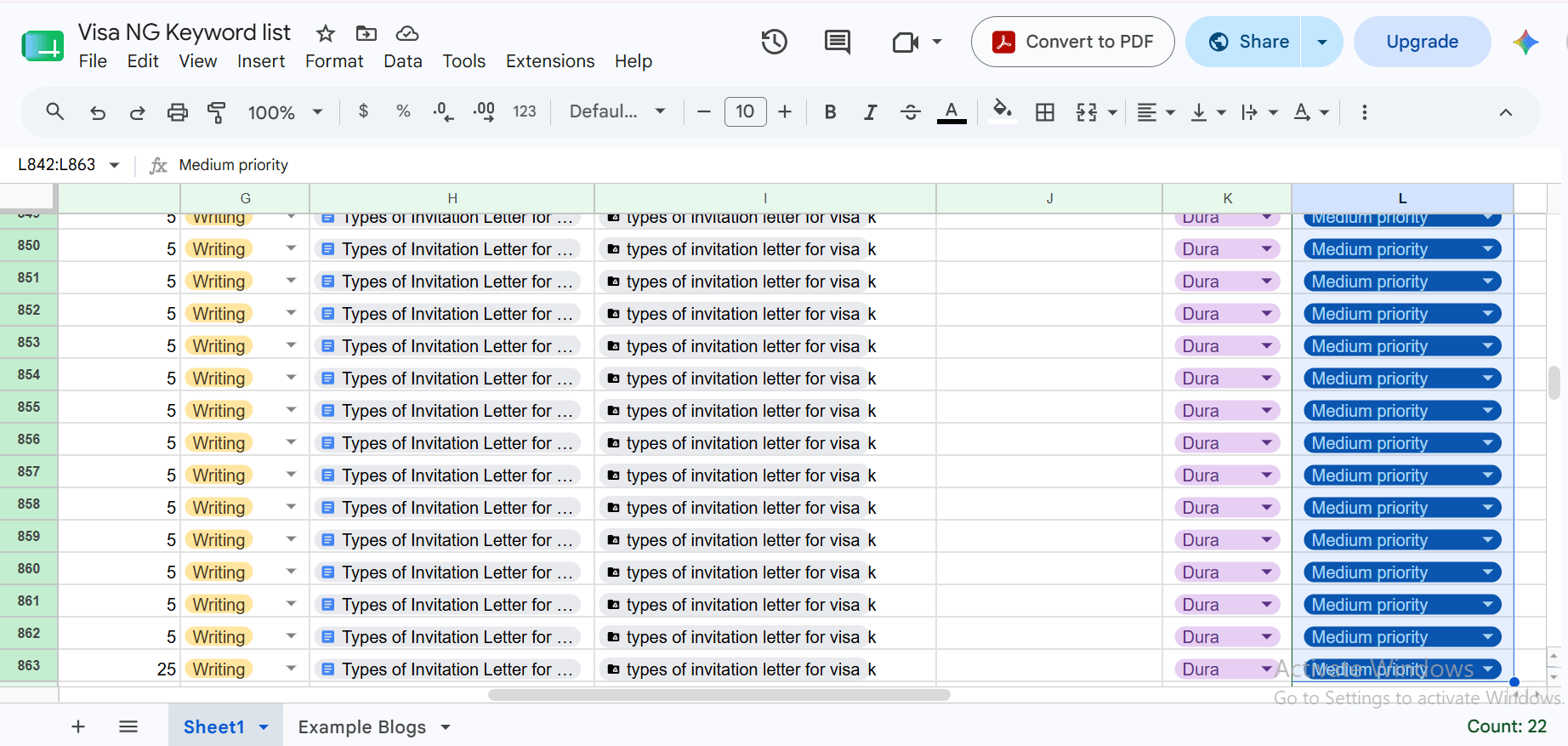 Keyword prioritization on Google sheets 2