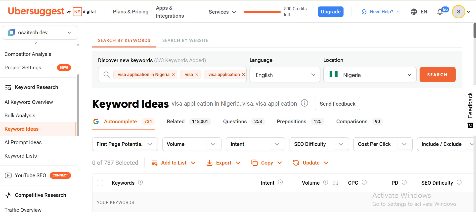 Keyword research using Ubersuggest