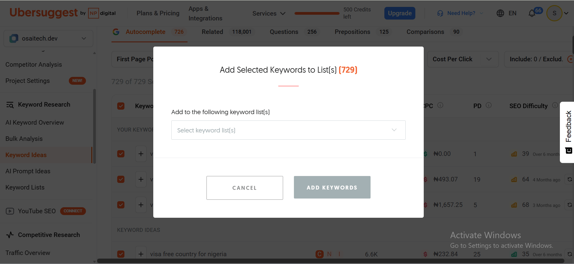 Keyword selection in Ubersuggest