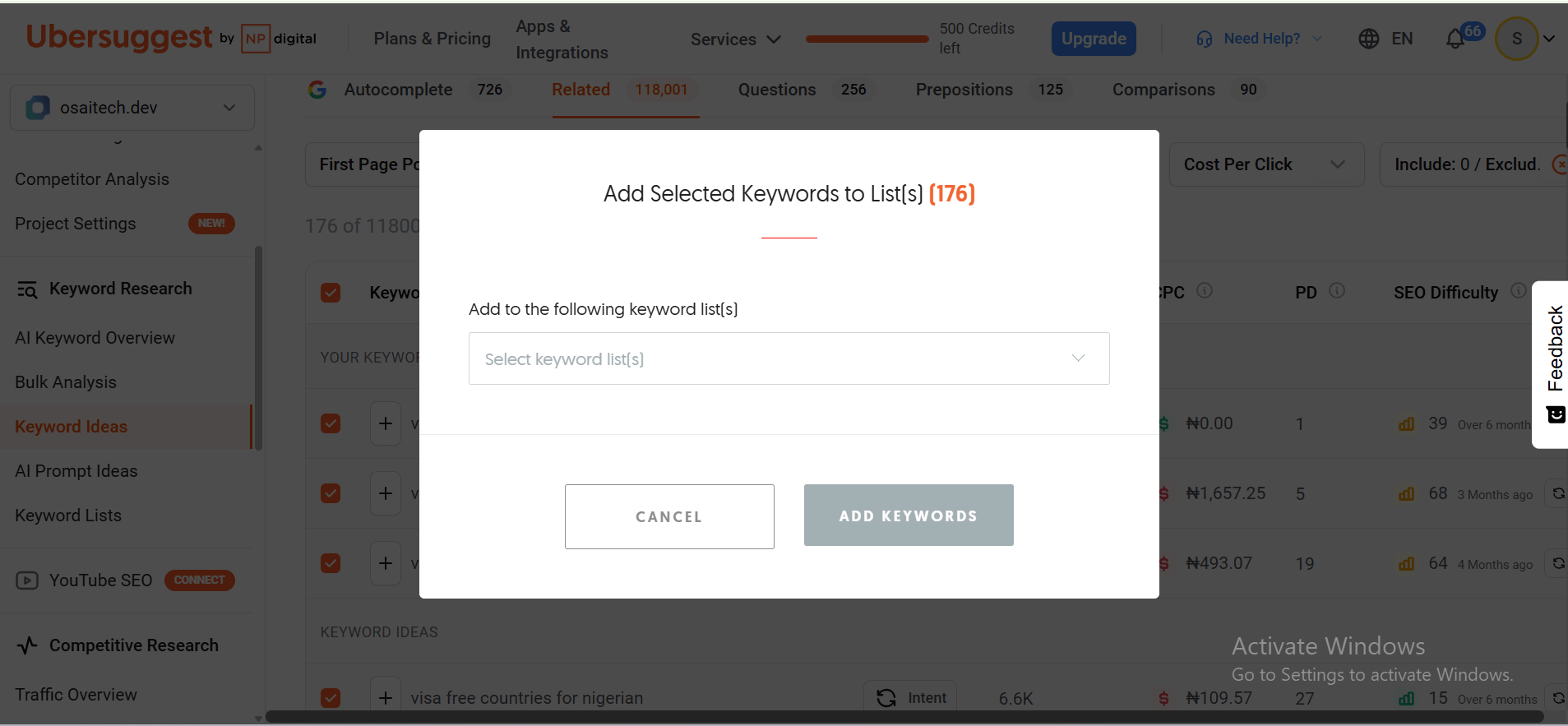 Keyword selection2 in Ubersuggest
