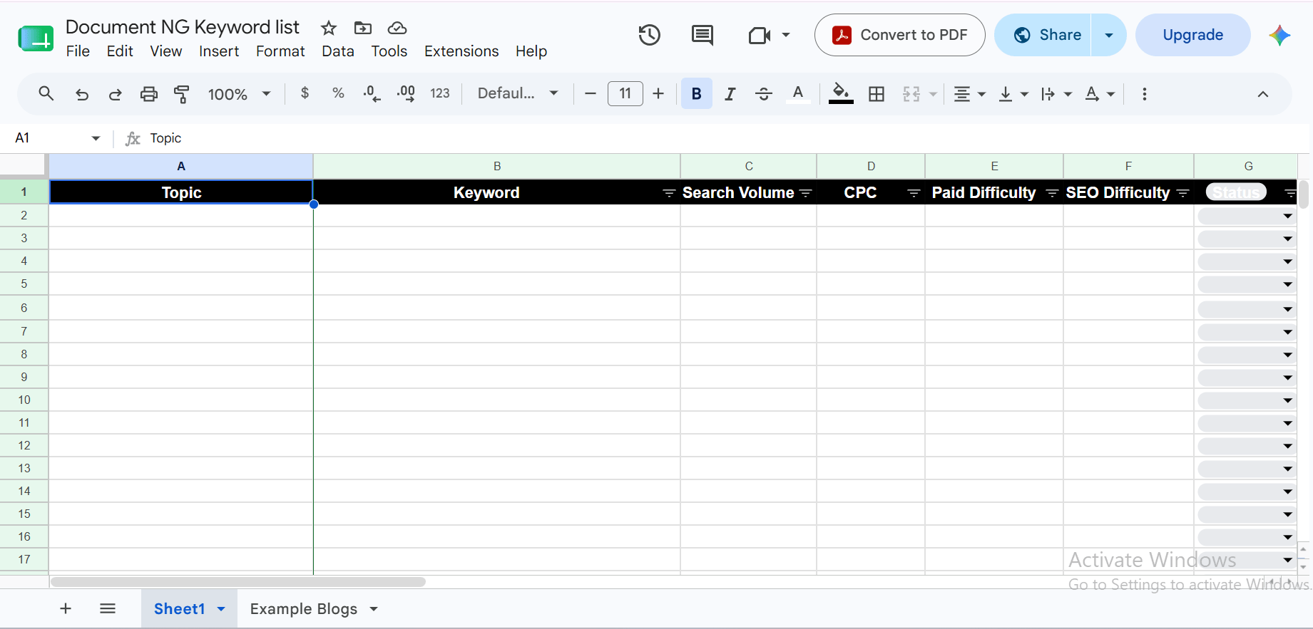 Keywords export into spreadsheet